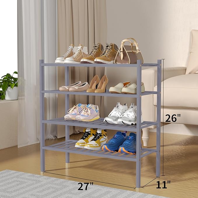 4 Tier Bamboo Shoe Rack for Closet Free Standing Wood Shoe Shelf for Entryway Small Space Stackable 27"x11"x26" (Grey)
