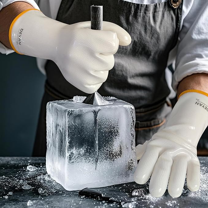 DEYAN Silicone BBQ & Oven Gloves - Food Grade, Heat Resistant Waterproof & Oil Proof Gloves for Grilling, Baking, Frying, Cooking - Long Sleeve & Non-Slip Grip, 1 Pair (White, 8/M)