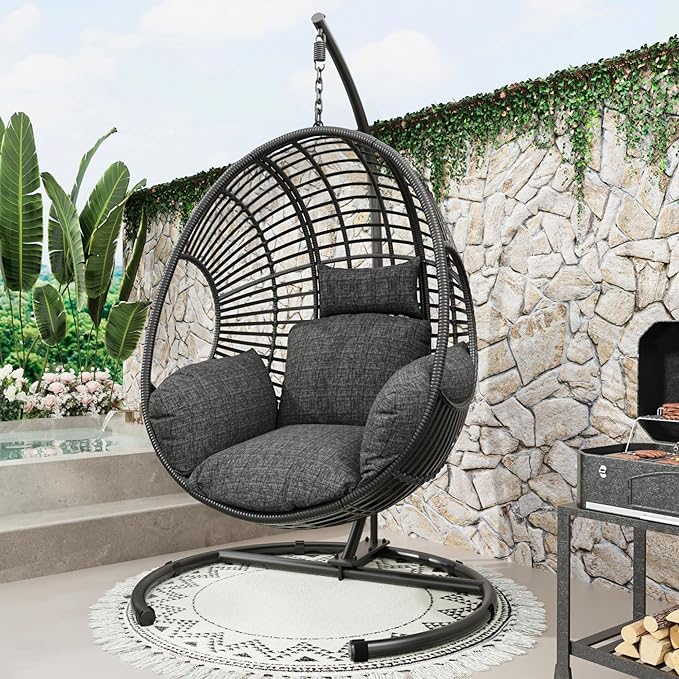 Oversized Hanging Egg Chair Outdoor Wicker Swing Chair with Stand Rain Cover UV Resistant Cushion 400lbs Capacity for Patio, Garden and Balcony