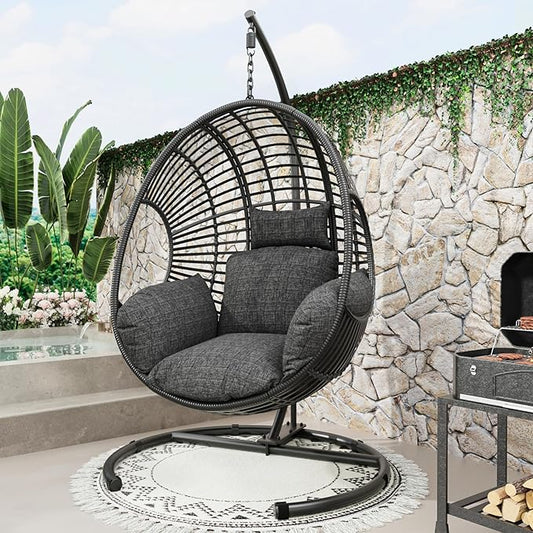 Oversized Hanging Egg Chair Outdoor Wicker Swing Chair with Stand Rain Cover UV Resistant Cushion 400lbs Capacity for Patio, Garden and Balcony