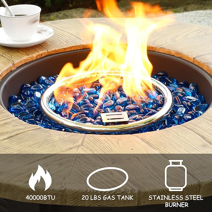 30 Inch Round Propane Fire Pit,50,000 BTU Iron Gas Firepit with Ignition Systems, w/Lid, Glass Stones,Outdoor Fire Table for Outside Patio,Deck-Black