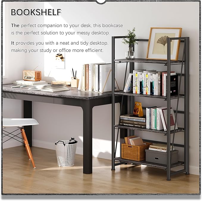 4NM No-Assembly Folding Bookshelf Storage Shelves 4 Tiers Vintage Bookcase Standing Racks Study Organizer Home Office (Gray Black)
