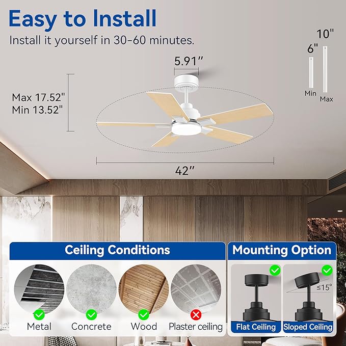 42Inch Smart Ceiling Fan with Lights Remote,APP&Voice Alexa WIFI Controled,Quiet Reversible DC Motor,Dimmable LED,Indoor Outdoor,Small Modern Ceiling Fan,for Bedroom Patio Porch,White&Light Wood