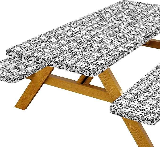 DYNH 3 Pcs Picnic Table Cover with Bench Covers, Elegant Patterns Waterproof Reusable Elastic Fitted Rectangle Picnic Table Cloths,30x60IN Picnic Tablecloth for Camping Patio Travel Outdoor