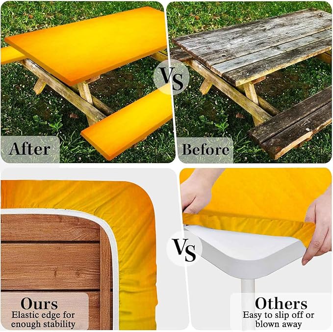 CAPSCEOLL Elastic Picnic Table Cover with Bench Covers 5Ft Waterproof Fitted Picnic Table Cover Cloths for Outdoors Camping Tablecloth with Drawstring Bag, 60X30in, Fall Yellow