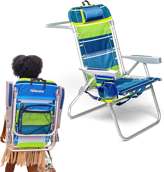 Homevative Backpack Fold-Up Beach Chair, 5 Positions, Towel bar, Cooler, Storage Pouch, Cup Holder and Phone Pocket
