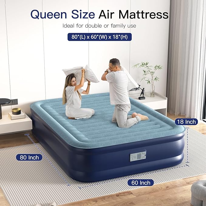 Queen Air Mattress 18” with Built in Pump, 2 Mins High Speed Inflation Luxury Auto Stop Pump Blow Up Mattress Comfort Air Bed, Colchones Inflables