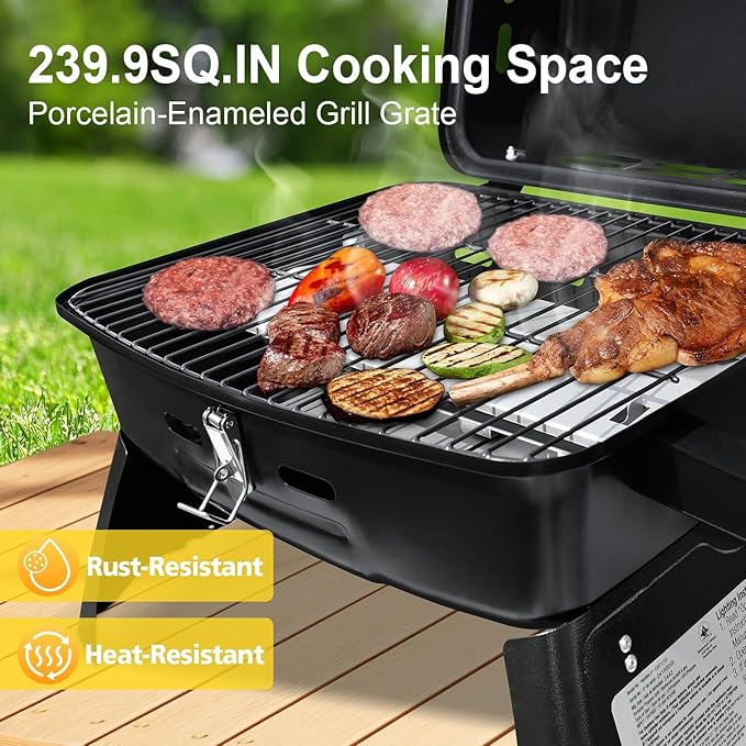 BrandMan Portable 1-Burner Tabletop Propane Gas Grill – Compact BBQ Grill with 239.9 sq.in Cooking Area, Lid Lock, Thermometer & Foldable Legs for Camping, Tailgating & Outdoor Cooking
