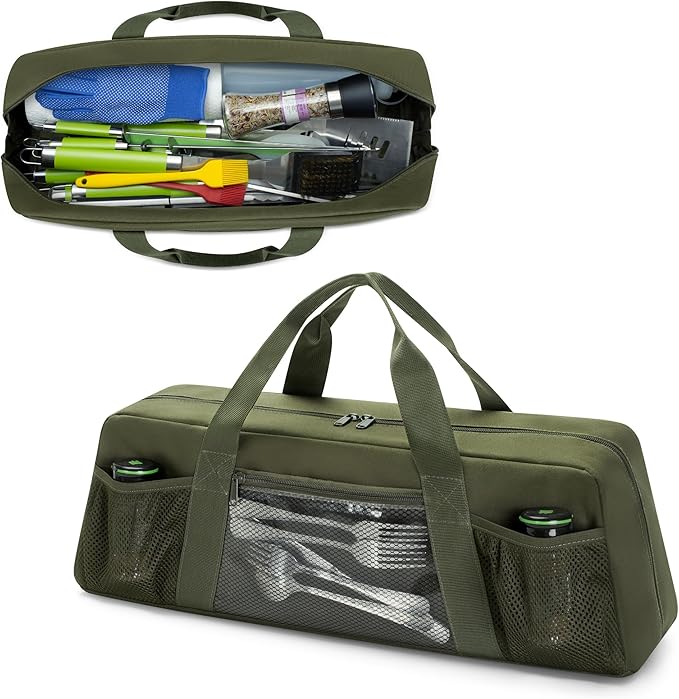Grill Tool Storage Bag, Outdoor BBQ Utensil Holder for Barbecue Tool up to 20", Large Grill Utensil Storage Caddy with Pockets, BBQ Accessories Case Container for Camping, Bag Only, Green