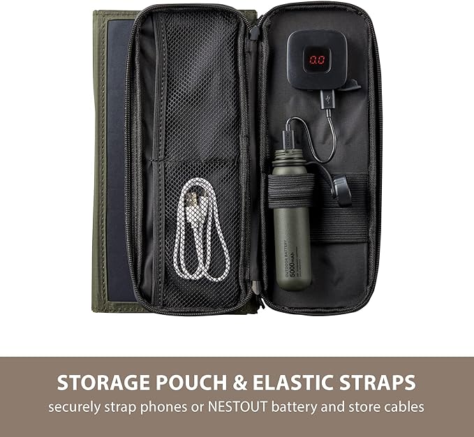 ELECOM NESTOUT Portable Solar Panel, Dual USB-A Ports, 28W Power Generation Charger for Phone Camping, Durable Water-Resistant Ripstop Nylon, Foldable Lightweight, Adjustable Stands (4-Panel)