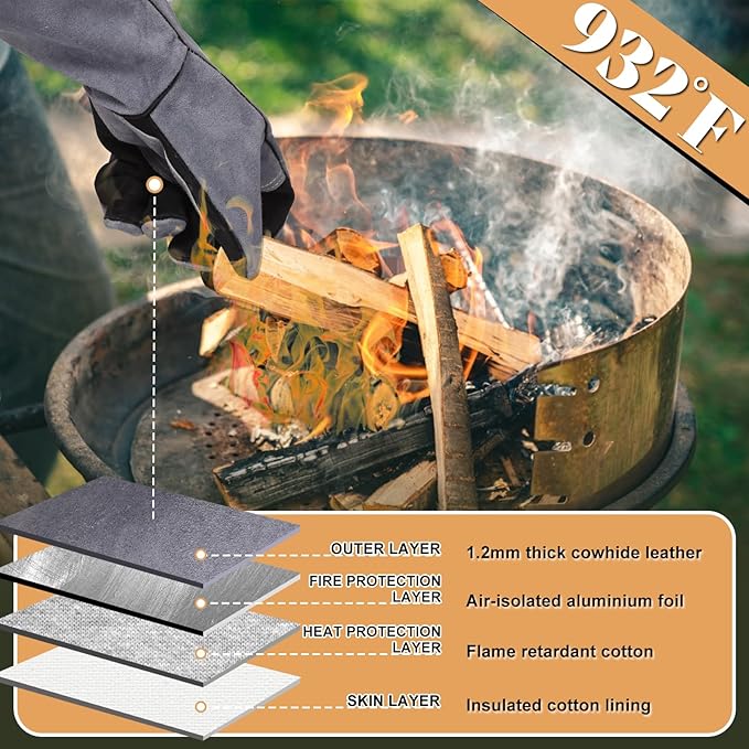 16" Leather Forge Welding Gloves, 932℉ Heat/Fire Resistant, Multi-Use Mitts for TIG/MIG Welding, BBQ, Oven, Baking, Furnace, Beekeeping, Animal Handling & Stove Safety，Ambidextrous
