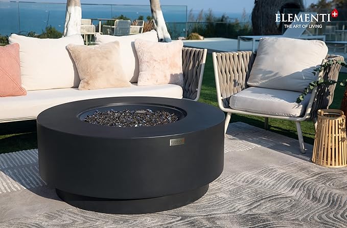 Elementi+ | Nimes Gas Fire Pit Cast Concrete 40" Dia. Round Fire Table, Outdoor Fire Pit Electronic Ignition | Canvas Cover, Fire Glass and Burner Lid Included | Dark Gray | Natural Gas