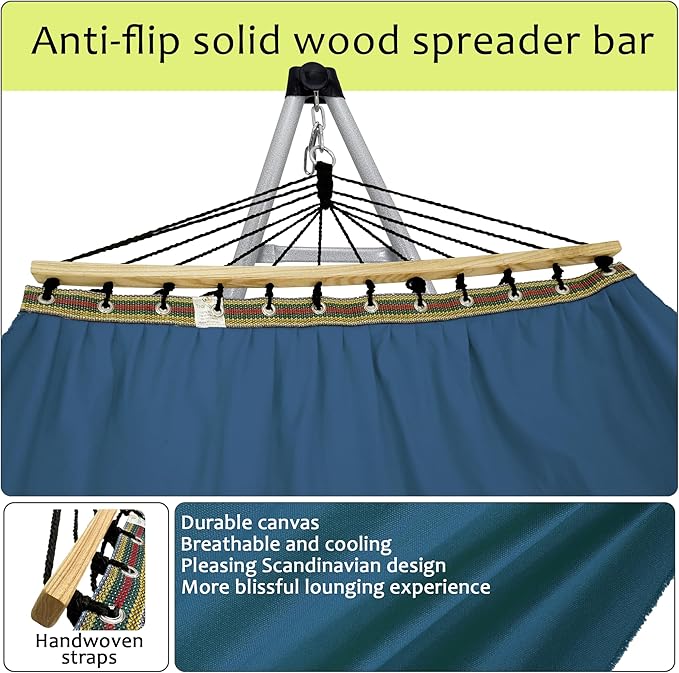Tranquillo Ultimate Relaxation Portable Hammock Stand with Cotton Canvas, Spreader Bar, Quick Fold Unfold in 30 Seconds Steel Frame Hammock 600 lbs Capacity Hammock Set, White Frame, Blue