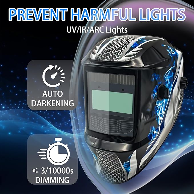 Auto Darkening Welding Helmet with Large Viewing Screen, Solar Powered, Adjustable Shade Range 9-13, Lightweight Welding Mask for TIG MIG ARC Plasma Cutting