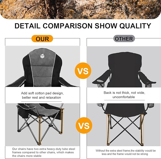 Northroad Oversized Portable Camping Chair, Full Padded Outdoor Folding Chair Support 350 LBS, Heavy Duty Lawn Chair with Cup Holder, Cooler Bag, Lumbar Support, Head Pocket for Adult-Black