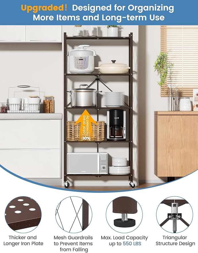 ALANNG 70.7" H Metal Storage Shelves, 5 Tier Folding Shelf on Wheels, Heavy Duty, No Assembly, Rolling, Collapsible Rack Unit for Kitchen, Basement, Pantry (Vintage Brown,3 Pack)