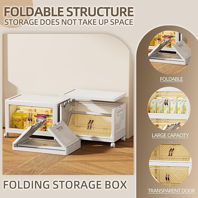 84 QT / 21 Gal Magnetic Door Storage Bins Collapsible Stackable w/1 Lid, Heavy Duty Plastic Cabinet with Wheels for Home Office Organization (White)