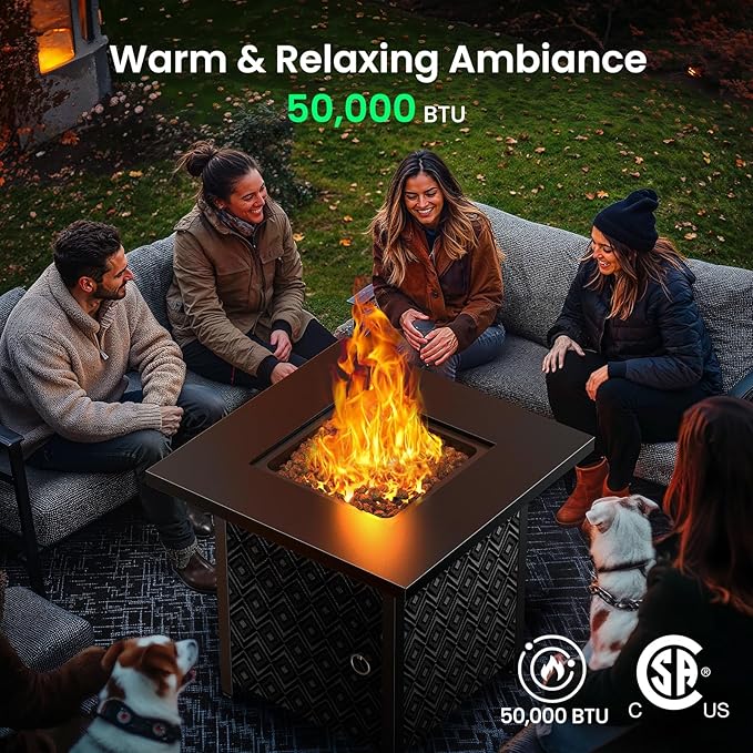 Ciays Propane Fire Pit, 28” Gas Fire Table with Texteline Pattern, 50,000 BTU Steel Fire Table for Patio, Garden, & Backyard, 2-in-1 Gas Fire Pit with Removable Lid, CSA-Certified, Black