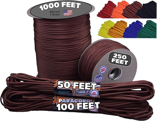 BORED? PARACORD! 550 lb Paracord - Ideal for Crafting, Camping, DIY Projects, Active & Military Outdoors - Strong Survival Rope - Tactical Parachute Cord Type III - Chocolate Brown 100 Feet