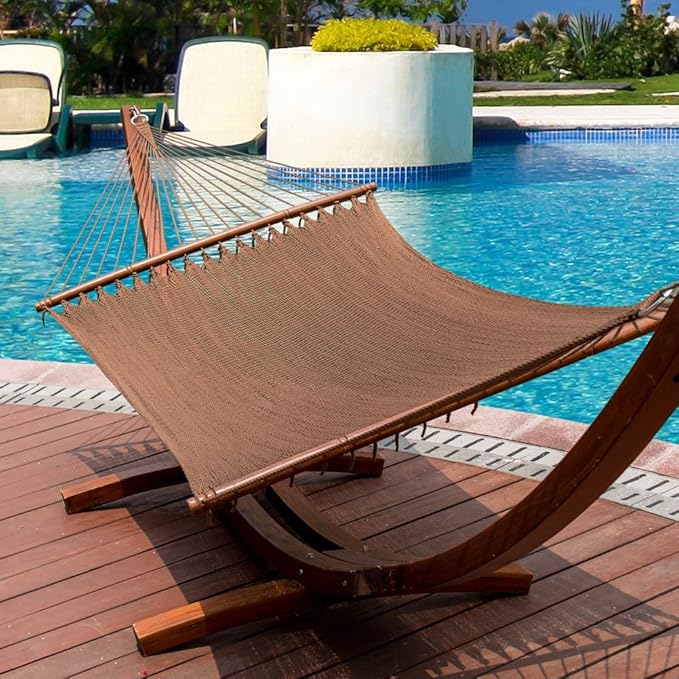Lazy Daze Hammocks 10.5 FT Double 2 Person Caribbean Rope Hammock, Hand Woven Polyester Hammock with Spreader Bars for Outdoor Backyard Patio Poolside, 450 LBS Capacity, Brown