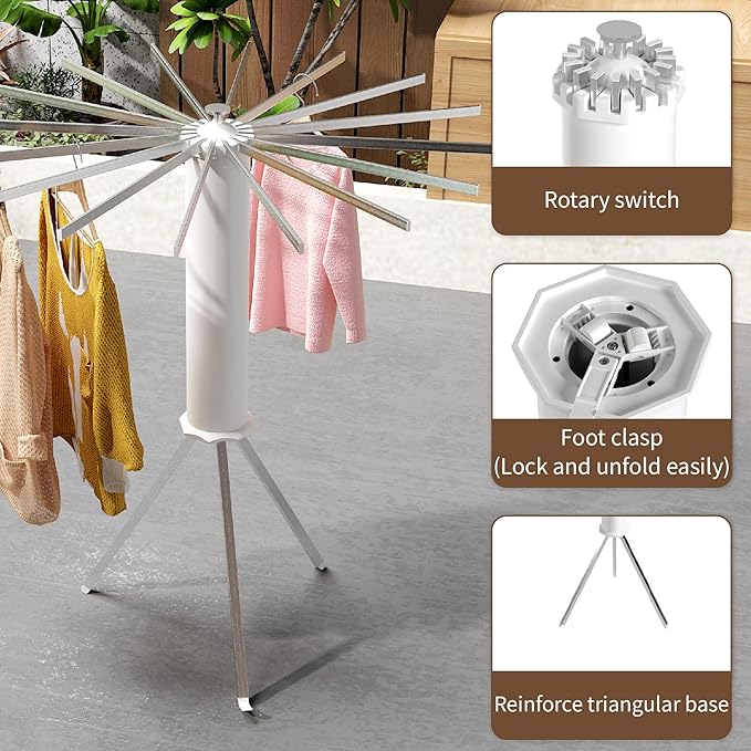 Foldable Tripod Clothes Drying Rack, Collapsible Laundry Drying Rack, Portable Octopus Laundry Stand with 16 Extendable Aluminum Rods White & Silver Space Saving Holder for Indoor Outdoor