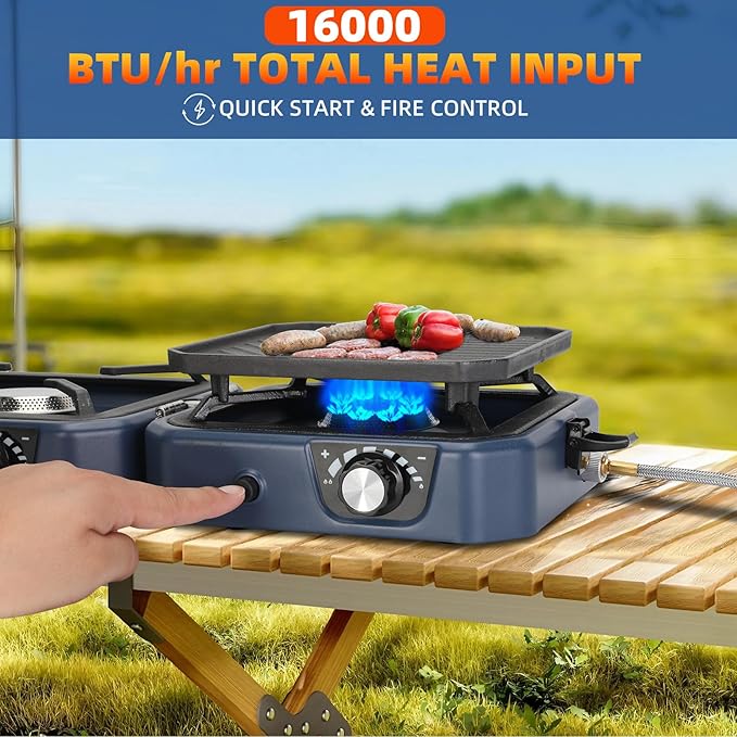 2 Burner Propane Stove Compatible with Propane Cylinders,2 Burner Camp Stove with Griddle and 16000 BTU Adjustable Burners,Portable Camping Stove Propane with Carry Bag and Handle for Camping (Blue)