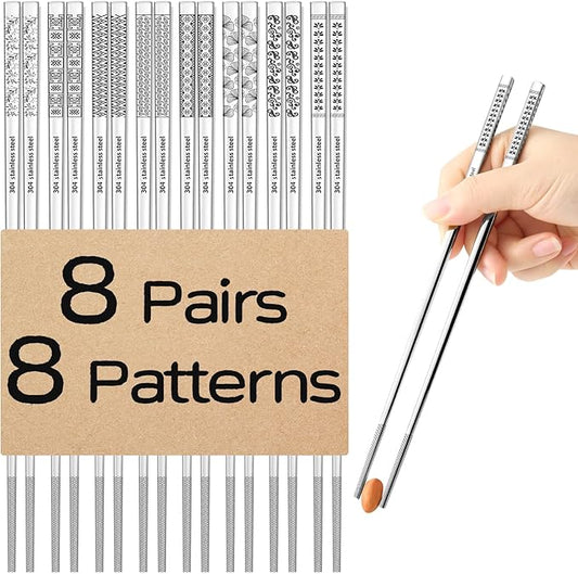 8 Pairs Metal Chopsticks Reusable 18/8 Stainless Steel Chopsticks Set Cute Laser Engraved Non-slip Japanese Korean Chinese Chopstick for Cooking Eating Dishwasher Safe 9.25" Chop Sticks Gift Set