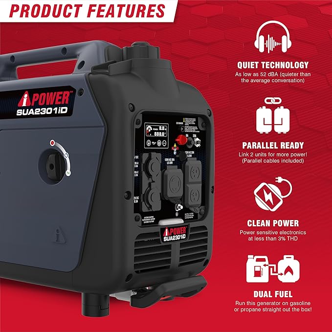 A-iPower 2300-Watt Portable Inverter Generator Dual Fuel, RV Ready, CARB Compliant CO Sensor, Light Weight With Telescopic Handle For Backup Home Use, Tailgating & Camping (SUA2301iD)