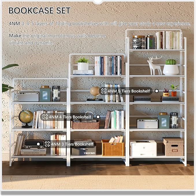 4NM No-Assembly 5 Tiers Folding Bookshelf Storage Shelves Vintage Bookcase Standing Racks Study Organizer Home Office (All White)