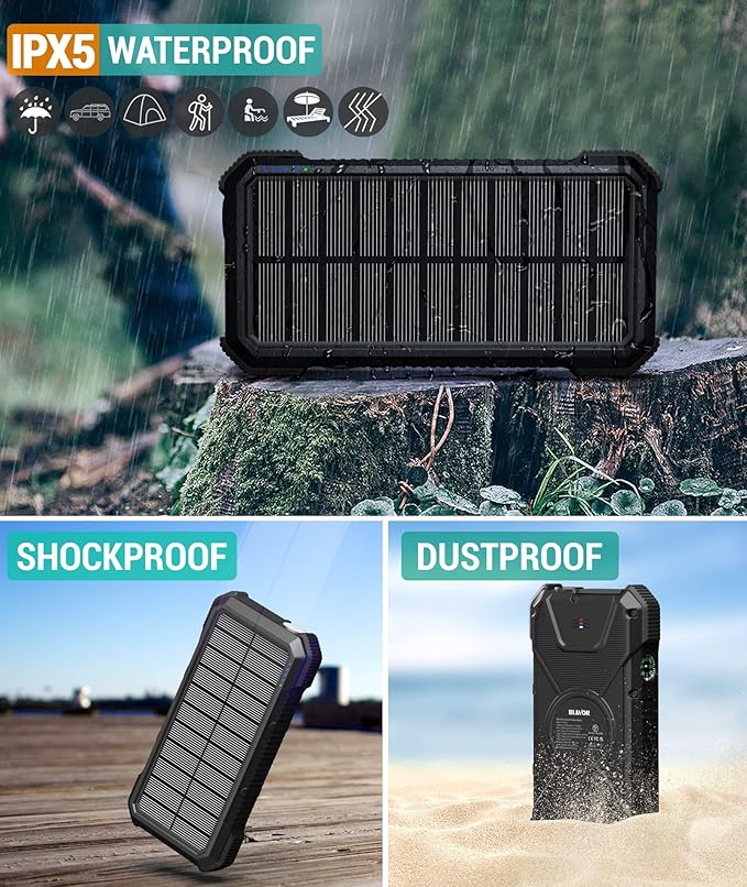 BLAVOR Solar Power Bank, PD18W QC3.0 Fast Charging 10W Wireless Charger 20000mAh Solar Powered Powerbank with Type C Input/Output, IPX5 Waterproof, Camping Flashlight, Compass, Carabiner