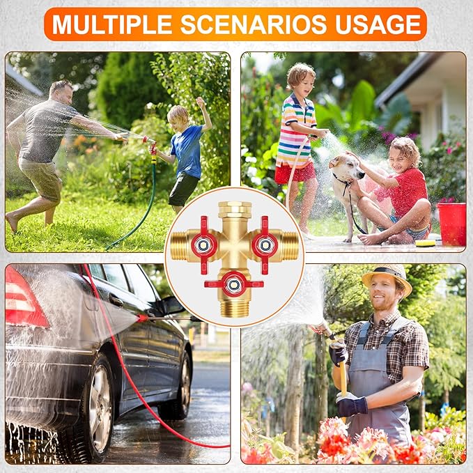 3 Way Hose Splitter, High Flow 3 Way Brass Hose Splitters with Metal Handle and Shutoff Valve, 3/4'' GHT Thread Garden Tap Triple Splitter