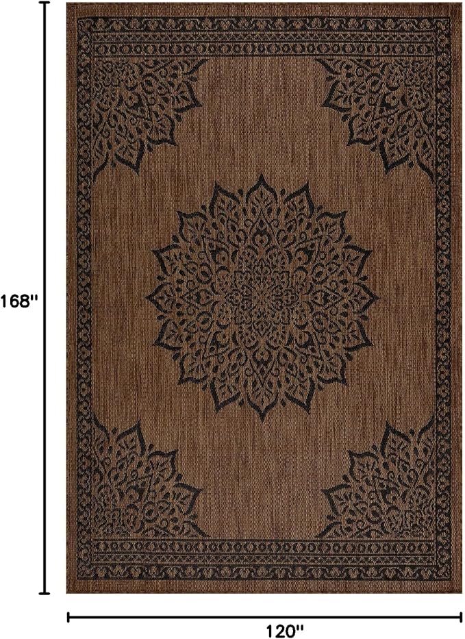 CAMILSON Outdoor Rug, 10x14 Medallion Nut Brown Black Modern Area Rugs for Large Indoor and Outdoor Patios, Kitchen and Hallway Mats, Washable Porch Deck Outside Carpet (Nut Brown Black, 10 x 14)