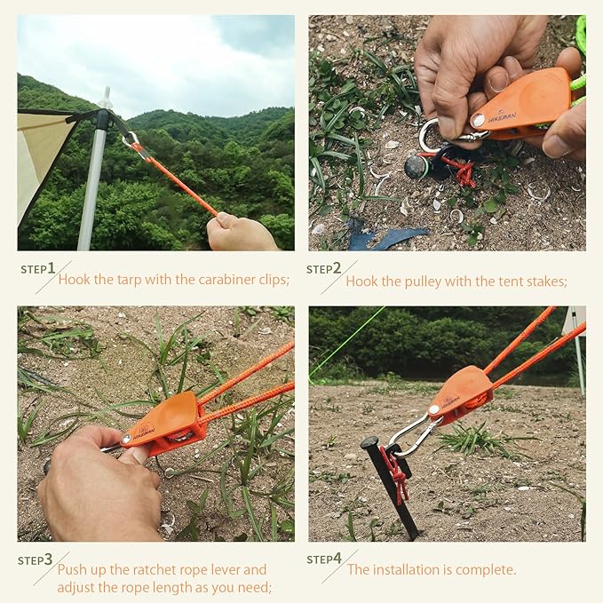 Hikeman Camping Rope with Ratchet Pulley,Quick Setup Outdoor Guy Lines Adjustable Tent Tie Downs Rope Hanger for Canopy,Kayak and Canoe,Grow Light (Orange)