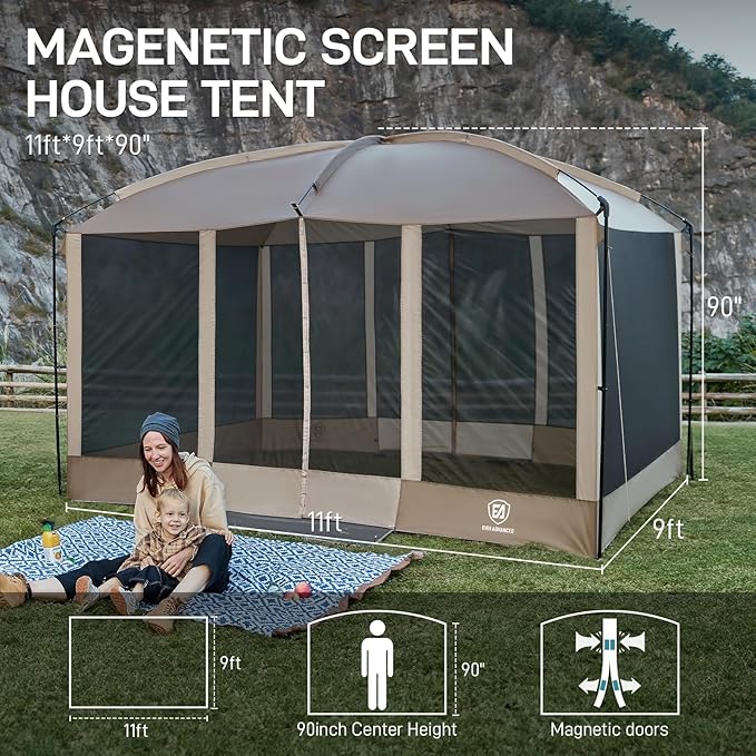 EVER ADVANCED Magnetic Screen House Room 11x9ft, Hands-Free Entry,Screenhouse with Sun Protection for Camping&Picnic, 11x9ftCamping Tent Canopy Shelter with Mesh, Brown