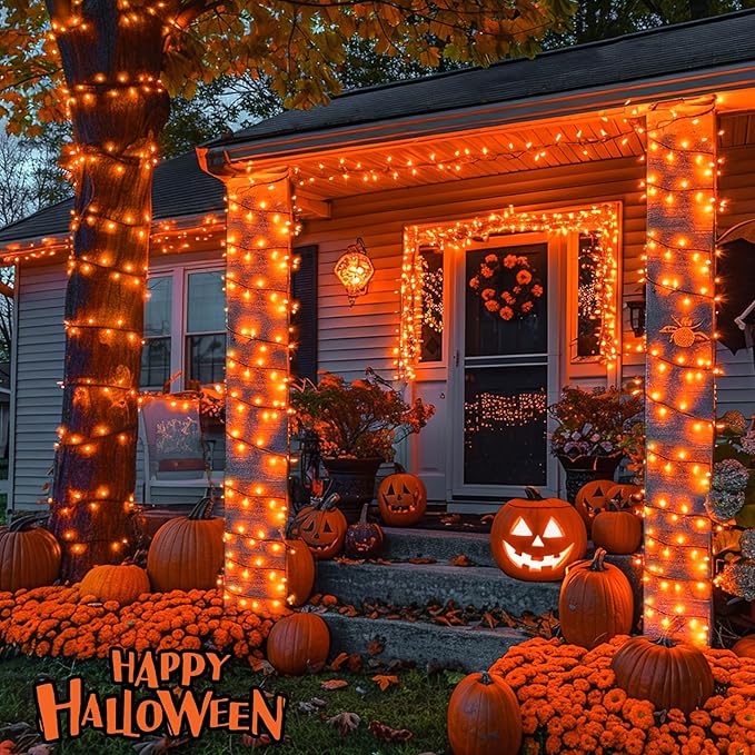 JMEXSUSS 250 LED Orange String Lights, 91.5ft Orange Halloween Lights Outdoor Waterproof, 8 Lighting Modes Connectable Halloween Tree Light for Yard Patio Party Holiday Decorations