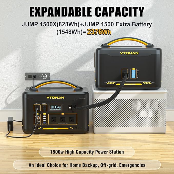 VTOMAN 2376Wh Portable Power Station Bundle with Extra Battery & 110W Solar Panel Included - Up to 3000W Solar Power Generator for Home Backup, Off-grid, Road Trip, RV, Camping, Fishing, Emergencies