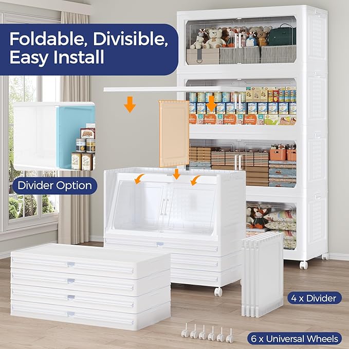 120GAL Extra Large Storage Bins with Lid, 480Qt Stackable Closet Organizers and Drawers, Collapsible Storage Bins with Wheels, Folding Storages Cabinet for Home Bedroom Office, 3Pack White