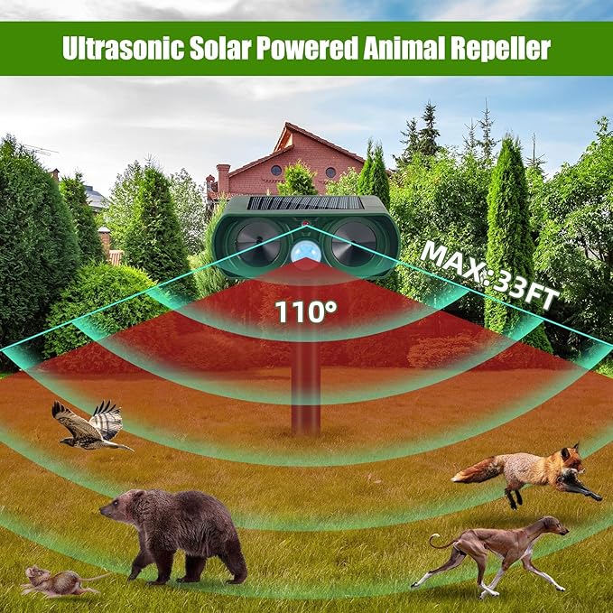 4 Pack Solar Ultrasonic Animal Repellent Outdoor Deer Repellent Devices Waterproof Motion Activated Animal Deterrent Device to Scare Cat Dog Squirrel Rabbit Raccoon Skunk Out of Yard Garden Lawn
