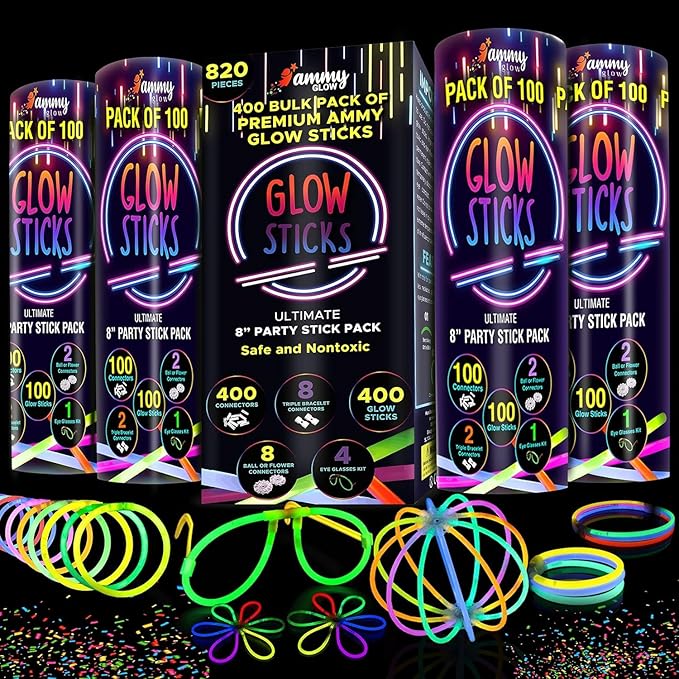 Ammy Glow-205 Pcs-Glow Sticks Bulk Party Pack -halloween party favors,Glow in The Dark Party Supplies - Eye Glasses, Glow Bracelets & Necklaces - Wedding Favors