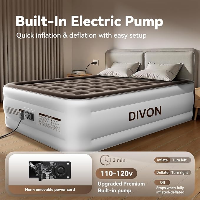 DIVON Queen Air Mattress with Built in Pump Raised, 2 Min Self Inflatable Mattress, 18’’ Blow up Mattress for Adults, 660 LBS Portable Air Bed for Guest, Camping, Travel & Floor, Brown