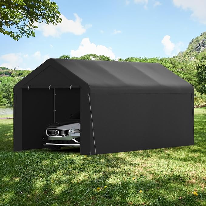 Carport, 10‘ x 20’ Heavy Duty Portable Garage All-Season Car Canopy w/Removable Sidewall & Doors, Carport Canopy Party Tent w/Water-Resistant Tarp for Backyard (Black, 10‘ x 20’)