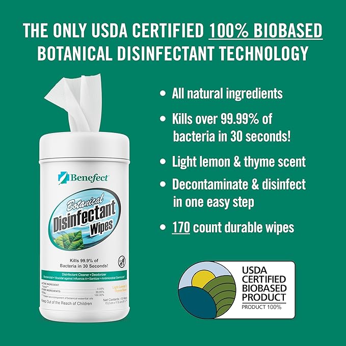 Benefect Botanical Disinfecting Wipes - (170 Wipe Count) Natural, No Residue - Antibacterial Disinfectant, Multi-Surface Cleaning and Sanitizing Wipes