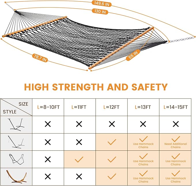 Lazy Daze Hammocks Double Rope Hammock, 2 Person Traditional Outdoor Hand Woven Cotton Rope Hammock with Spreader Bar, Chains, Tree Straps for Patio Yard - Max 450 Lbs, Dark Grey