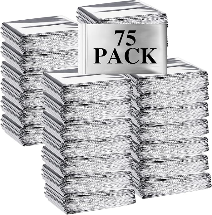 Macarrie 75 Pack Emergency Foil Thermal Blankets - Silver Foil Survival Blanket Space Blanket Kit for Outdoors, Camping, Hiking, Homeless, First Aid