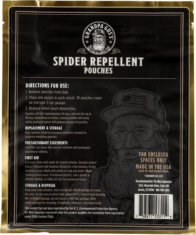 Grandpa Gus's Natural Spider Repellent Pouches, Peppermint and Lemongrass Oil Blend for Indoor Pest Control, Safe for Home, RV, Garage, Basement (10 Pouches)