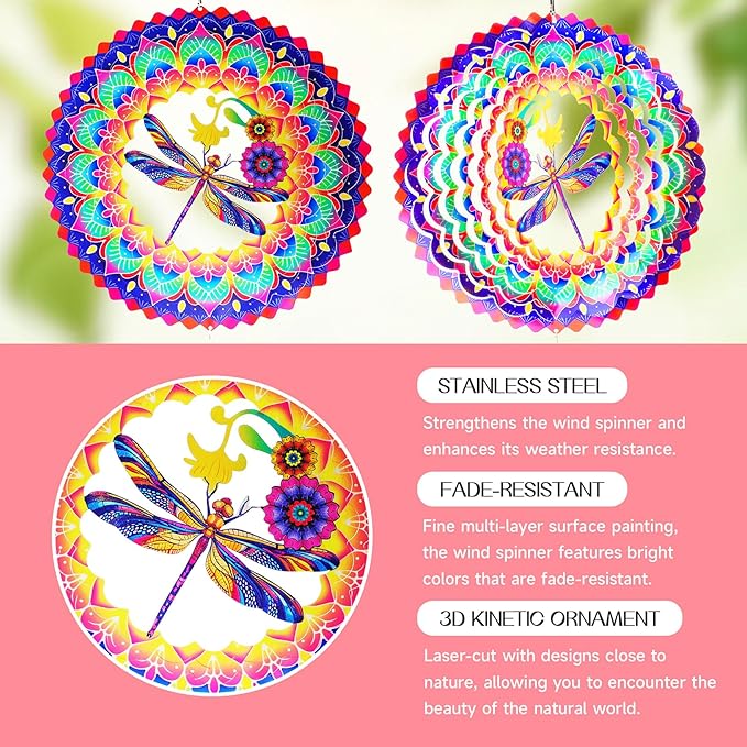 Dragonfly Mandala Wind Spinners Garden Yard Decor Gift for Women Men, 12 Inch Outdoor Metal 3D Wind Spinner, Stainless Steel Hanging Wind Catchers Kinetic Sculpture for Outside Decoration
