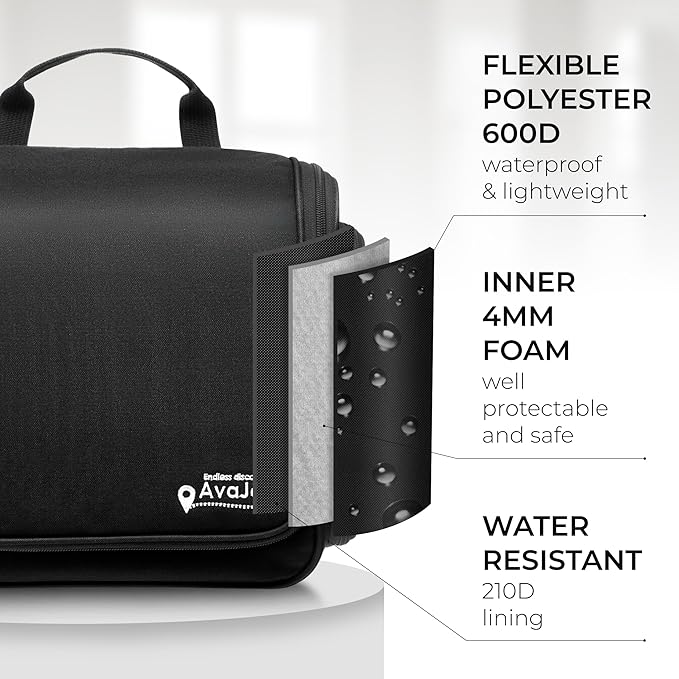 AvaJex Large Hanging Toiletry Organizer - Waterproof Hygiene Bag with Metal XXL Swivel Hook, Sturdy Zippers and 15 Compartments for Toiletries, Makeup, Cosmetics