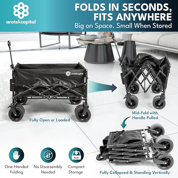 Collapsible Foldable Wagon Cart, 440lbs Heavy Duty Utility Wagon with All-Terrain Wheels, Folding Outdoor Cart with Brakes for Beach, Sports, Camping, Garden, Shopping – Black