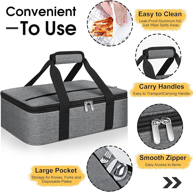 Insulated Casserole Carrier, Portable Casserole Carrier for Hot or Cold Food Lunch Tote Warmer or Cooler Bag, Lasagna Lunch Bag for Potluck Parties- Fits 9" x 13" Baking Dish-Charcoal Grey
