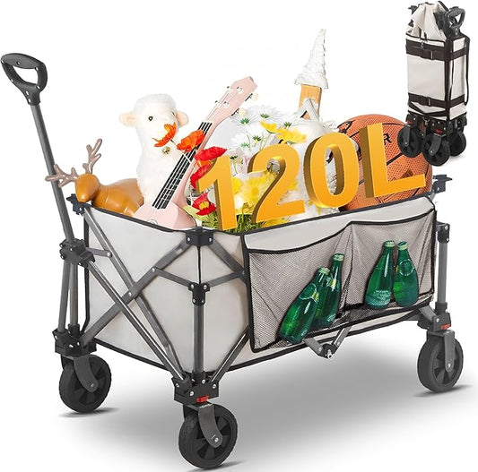 Collapsible Folding Wagon Cart, 220LBS Heavy Duty Foldable Utility Garden Cart with All Terrain Wheels & Side Storage Bag, Portable Sports Wagon for Camping, Shopping, Garden